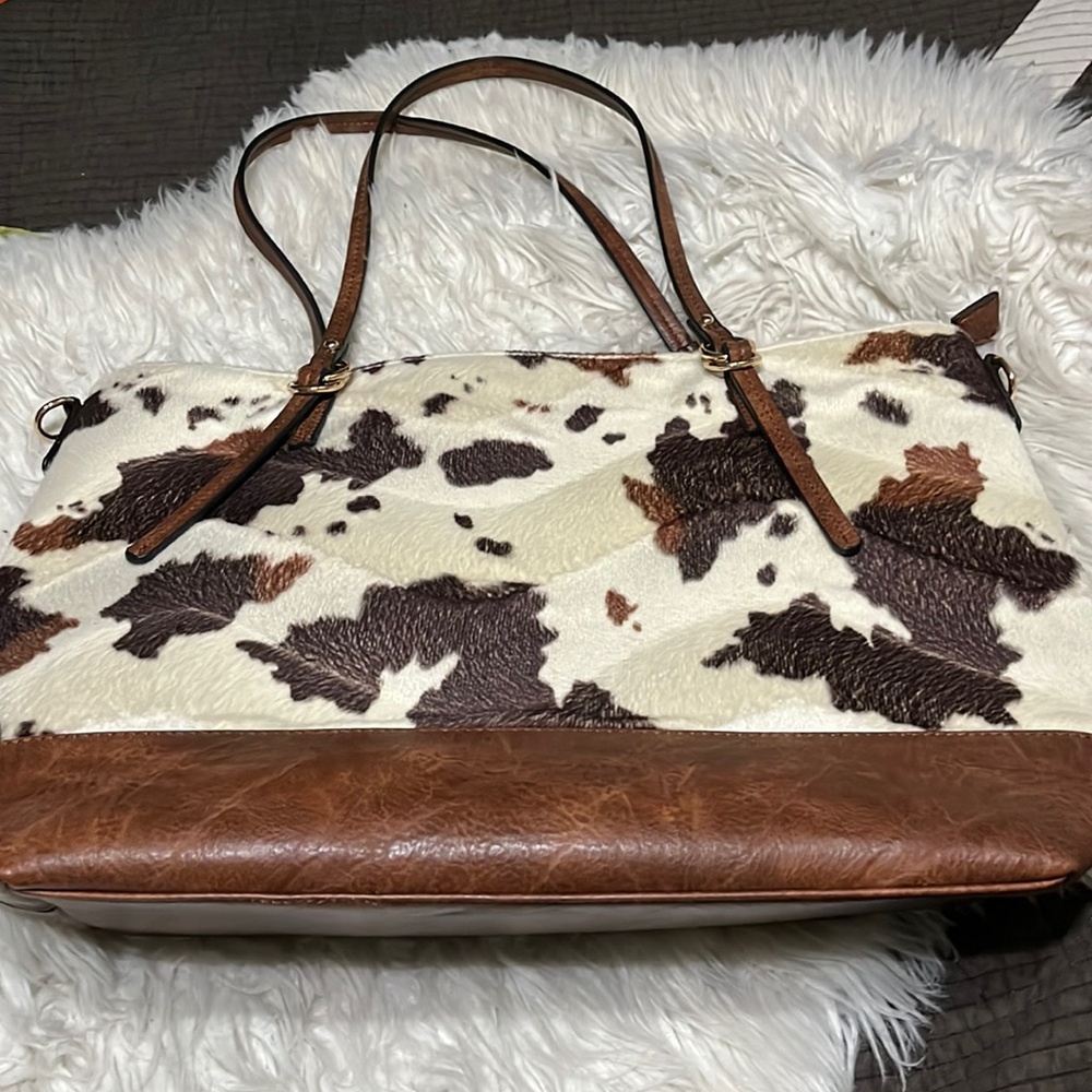 Faux Cowhide Travel Tote Bag in Brown and Cream